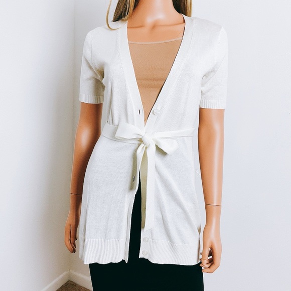 New! New York & Co White Short Sleeve Long Cardigan w Belt - Picture 2 of 6